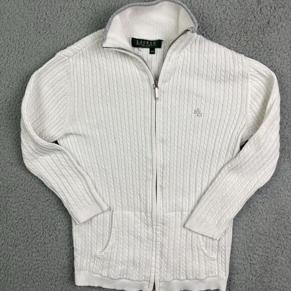 Lauren Ralph Lauren Ivory Cable-Knit Full-Zip Sweater Women's Size Petite/P - Picture 2 of 12